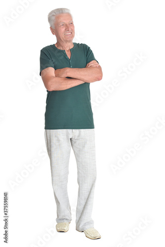 Senior man posing isolated on white background, full length