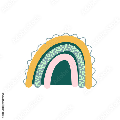 Adorable rainbow clipart in trendy Scandinavian style. Funny, cute, hygge illustration for poster, textile, decoration kids playroom or greeting card. Hand drawn doodle element. Vector illustration.