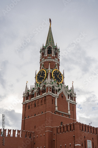 Clock on the Spasskaya Tower in Moscow in summer 2020