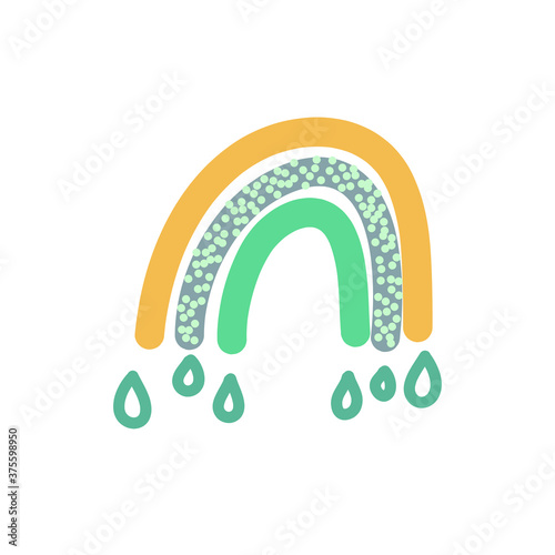 Adorable rainbow clipart in trendy Scandinavian style. Funny, cute, hygge illustration for poster, textile, decoration kids playroom or greeting card. Hand drawn doodle element. Vector illustration.
