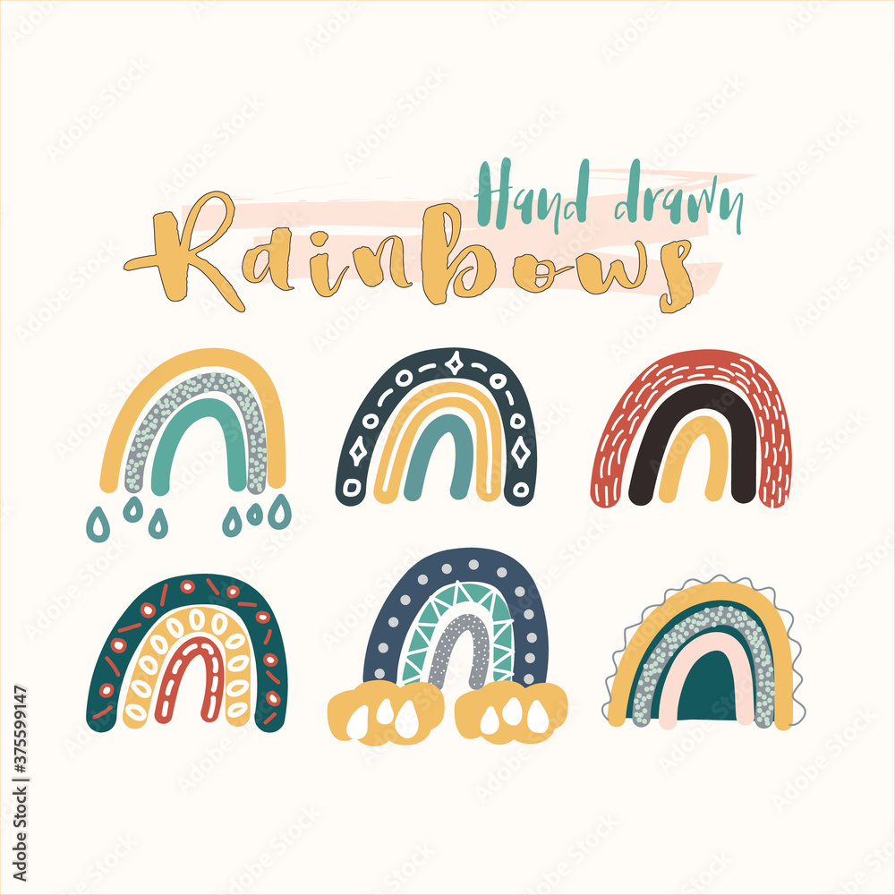 Vector set of adorable rainbows clipart in trendy Scandinavian style. Funny, cute, hygge illustration for poster, textile, decoration kids playroom or greeting card. Hand drawn prints and doodle. Vector set of adorable rainbows clipart in trendy Scandinavian style. Funny, cute, hygge illustration for poster, textile, decoration kids playroom or greeting card. Hand drawn prints and doodle.