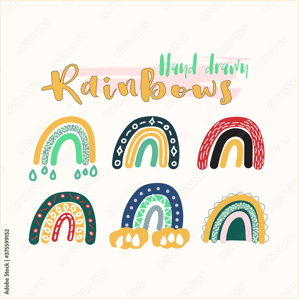 Vector set of adorable rainbows clipart in trendy Scandinavian style. Funny, cute, hygge illustration for poster, textile, decoration kids playroom or greeting card. Hand drawn prints and doodle. Vector set of adorable rainbows clipart in trendy Scandinavian style. Funny, cute, hygge illustration for poster, textile, decoration kids playroom or greeting card. Hand drawn prints and doodle.
