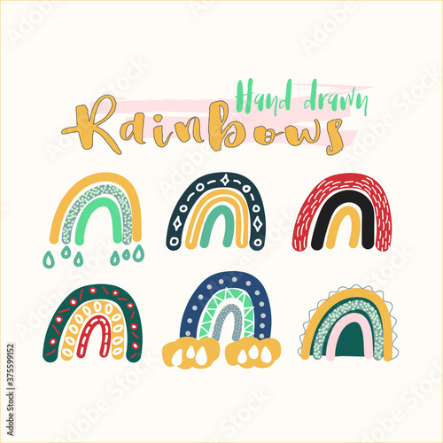 Vector set of adorable rainbows clipart in trendy Scandinavian style. Funny, cute, hygge illustration for poster, textile, decoration kids playroom or greeting card. Hand drawn prints and doodle.