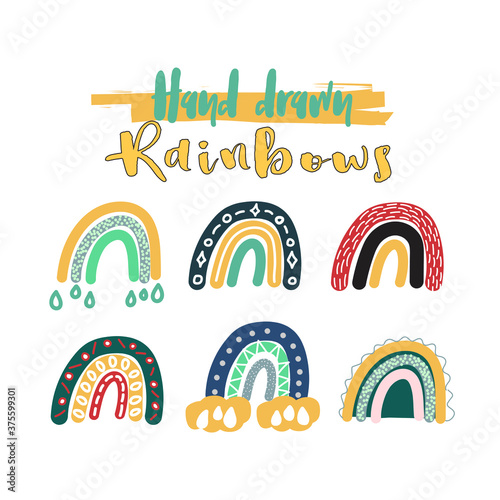 Vector set of adorable rainbows clipart in trendy Scandinavian style. Funny, cute, hygge illustration for poster, textile, decoration kids playroom or greeting card. Hand drawn prints and doodle.