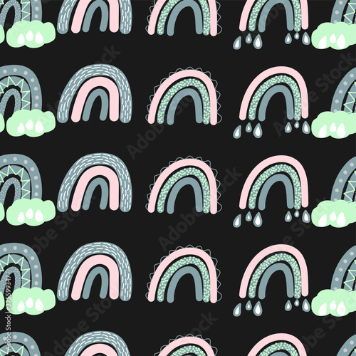 Adorable rainbow clipart seamless pattern in trendy Scandinavian style. Funny, cute, hygge illustration for poster, textile, decoration kids playroom or greeting card. Hand drawn doodle background.