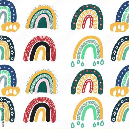 Adorable rainbow clipart seamless pattern in trendy Scandinavian style. Funny, cute, hygge illustration for poster, textile, decoration kids playroom or greeting card. Hand drawn doodle background.