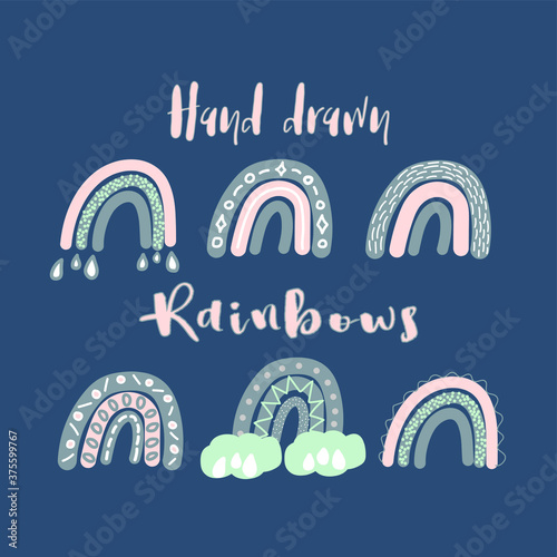 Vector set of adorable rainbows clipart in trendy Scandinavian style. Funny, cute, hygge illustration for poster, textile, decoration kids playroom or greeting card. Hand drawn prints and doodle.