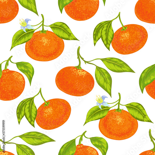 Seamless vector orange mandarin tangerine with leaves and flowers pattern. Colorful juicy background 