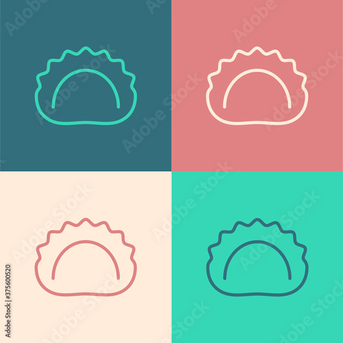 Pop art line Dumplings icon isolated on color background. Pierogi, varenyky, pelmeni, ravioli. Traditional Ukrainian food. Vector.