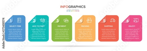 Concept of shopping process with 6 successive steps. Six colorful graphic elements. Timeline design for brochure, presentation, web site. Infographic design layout.