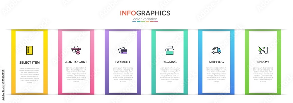 Concept of shopping process with 6 successive steps. Six colorful graphic elements. Timeline design for brochure, presentation, web site. Infographic design layout. Concept of shopping process with 6 successive steps. Six colorful graphic elements. Timeline design for brochure, presentation, web site. Infographic design layout.