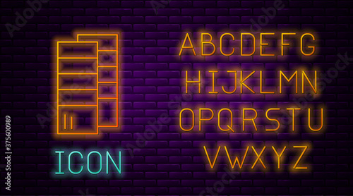 Glowing neon line Pantone palette book swatch paint icon isolated on brick wall background. Rainbow pantone paint table. Neon light alphabet. Vector.