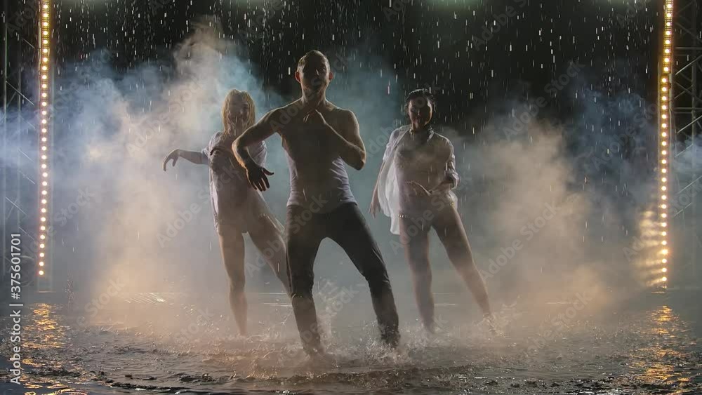 Professional dancers perform salsa elements in a dark smoky studio. Silhouettes of three bodies in the rain moving in slow motion.