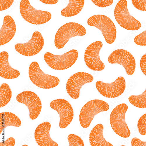 Seamless vector orange mandarin tangerine with leaves and flowers pattern. Colorful juicy background 
