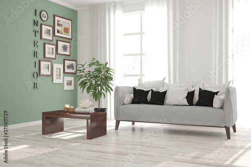 White stylish minimalist room with sofa. Scandinavian interior design. 3D illustration