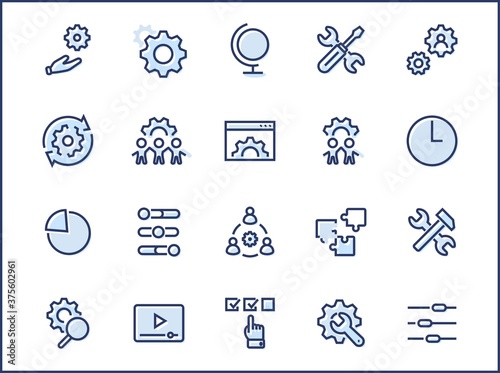 Set of Settings and Setup Vector Line Icons. Contains such Icons as Gear, Setting, Control, Iinstall, Options, Service, and more. Editable Stroke. 32x32 Pixels.
