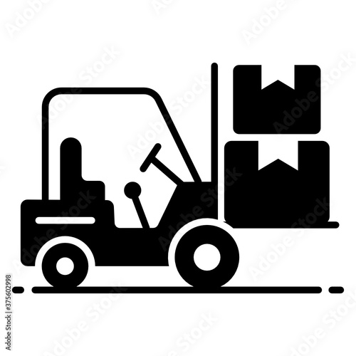 
Forklift truck icon, lifter holding cardboards in style 
