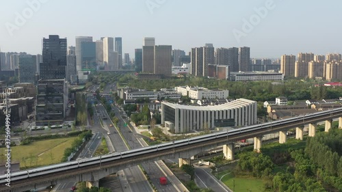 aerial view of high speed train passing through the city in   China