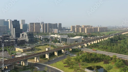 aerial view of high speed train passing through the city in   China