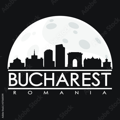 Bucharest Romania Full Moon Night Skyline Silhouette Design City Vector Art.