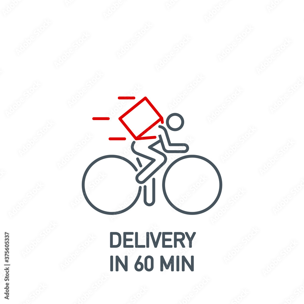 Online delivery courier on bicycle service single line icon isolated on white background. Perfect outline symbol bike food delivery banner. Quality design element information bike with editable Stroke