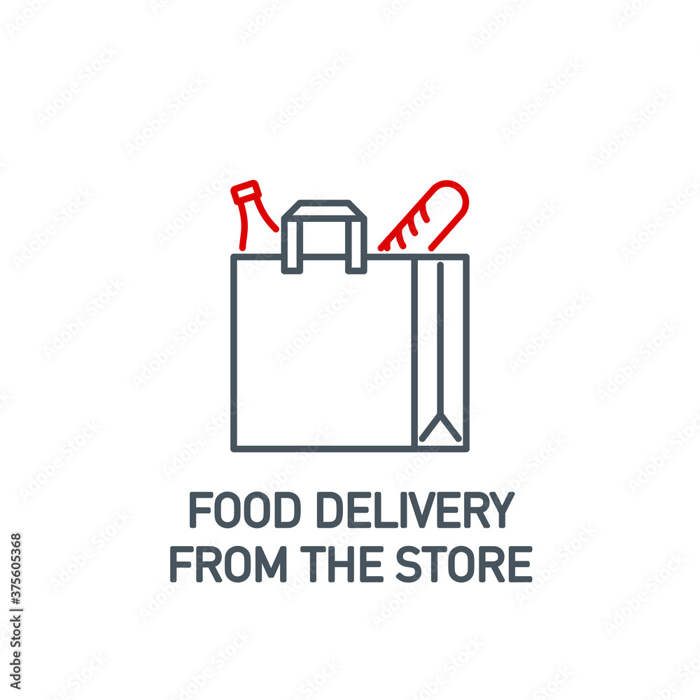 mobile app icon food delivery service from the store in paper bag isolated on white. outline app symbol food delivery. Quality icon element long loaf bread and glass bottle drink with editable Stroke