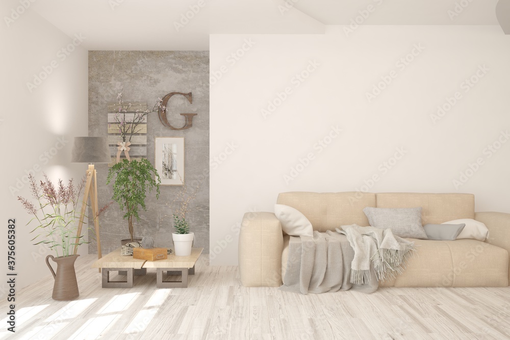Naklejka premium White living room with sofa. Scandinavian interior design. 3D illustration