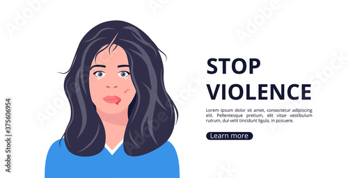 Stop violence vector landing page concept. Domestic Violence. Female character with injuries on her face. Abuse of women. Social problems and aggression.