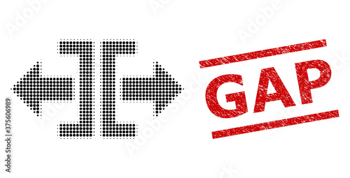 Divide horizontal direction halftone dotted vector and Gap dirty stamp seal. Seal includes Gap title between parallel lines.