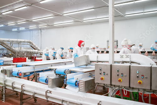 line packing meat products, meat factory.Food Convenience food. photo