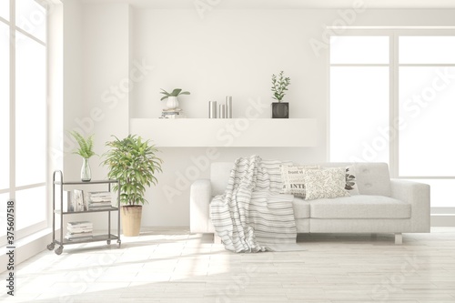 White living room with sofa. Scandinavian interior design. 3D illustration