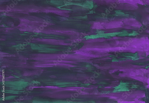 Simple abstract violet-green watercolor background, hand-painted texture, splashes, drops of paint, paint smears. Design for backgrounds, wallpapers, covers and packaging, wrapping paper.