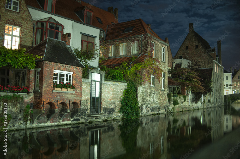 Night channel in Bruges street Night channel in Bruges street