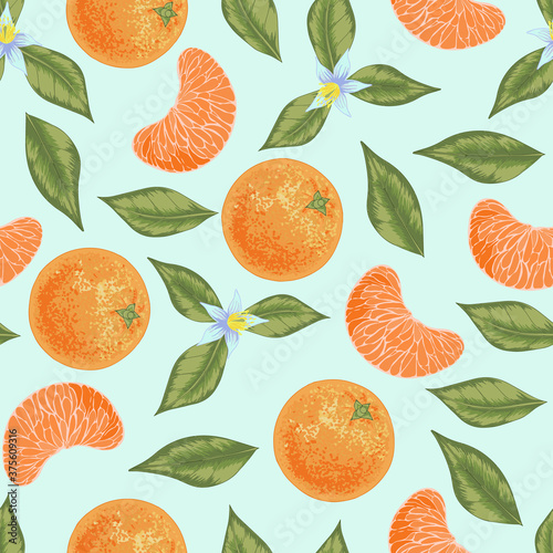 Seamless vector orange mandarin tangerine with leaves and flowers pattern. Colorful juicy background 