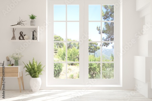 Fototapeta Naklejka Na Ścianę i Meble -  White empty room with summer landscape in window. Scandinavian interior design. 3D illustration