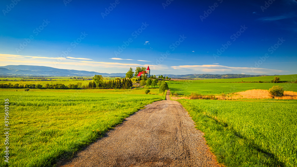 Obraz premium Rural landscape with a church in the background. Saint Kosmas Church in Abramova village, Turiec Region, Slovakia, Europe.