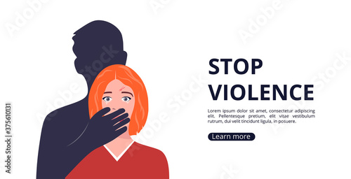 Stop violence vector landing page concept. The man covers the woman's mouth with his hand. Female character with tears in her eyes. Domestic violence and aggression against women. Social problems.