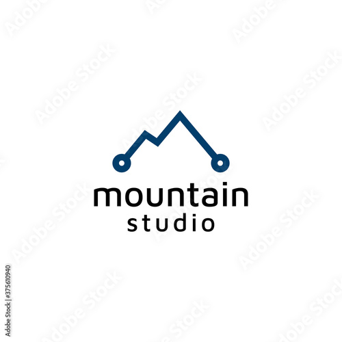 Mountain Studio monoline logo with symbol mountain and tecnology vector design