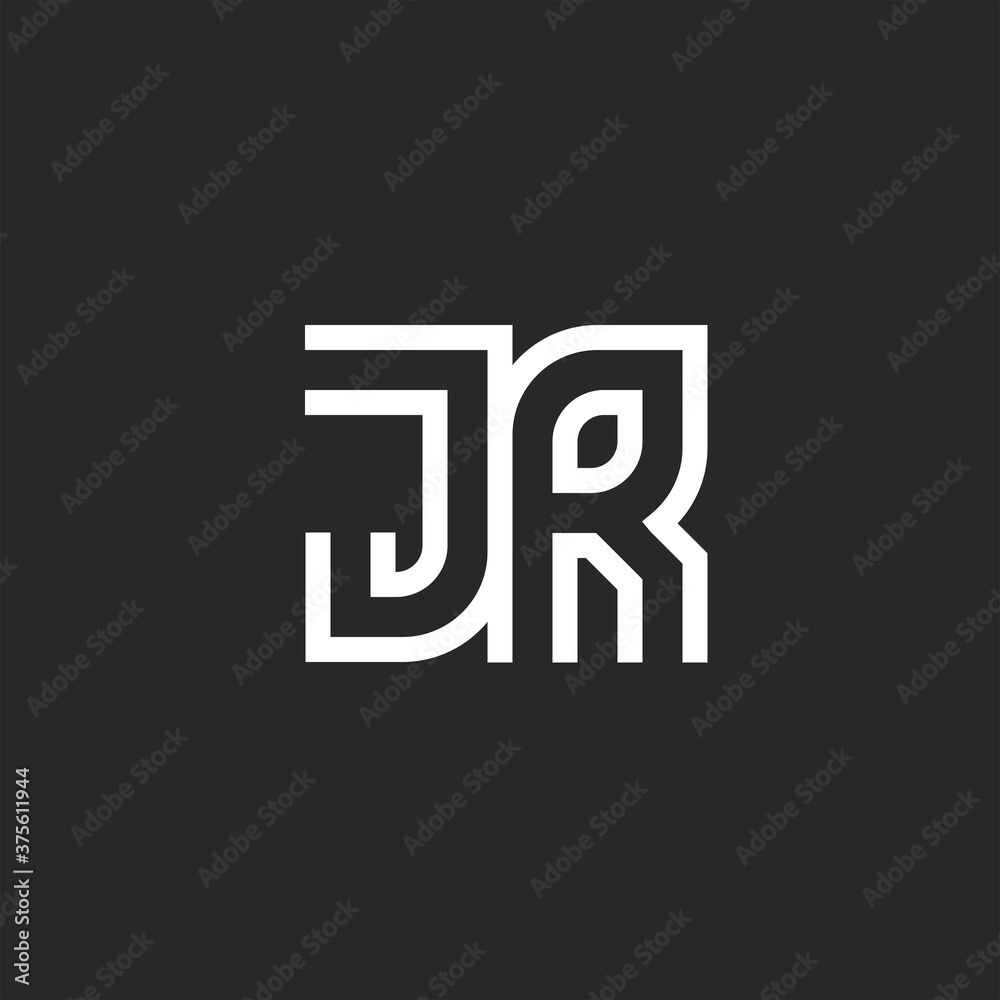 Monogram logo JR or RJ letters initials, two letters J and R together, creative typography design element mockup