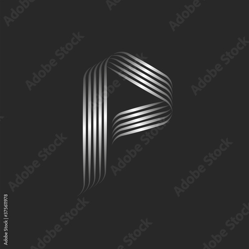 Monogram letter P logo initial minimal style typography design, smooth metallic ribbons and curly thin lines, calligraphy emblem for business card