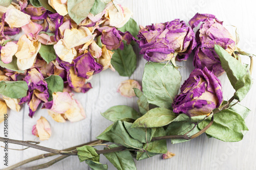 bouquet dried roses on old wood background with copy space