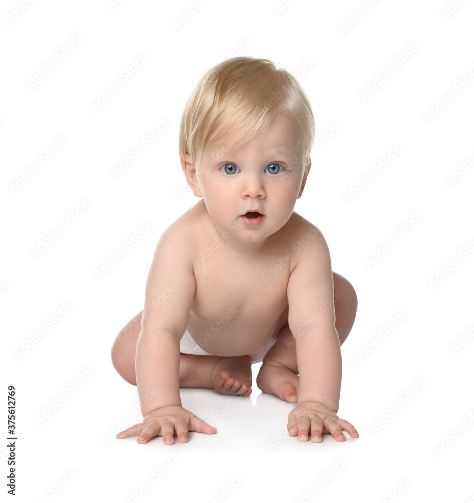 Cute little baby in diaper on white background Cute little baby in diaper on white background