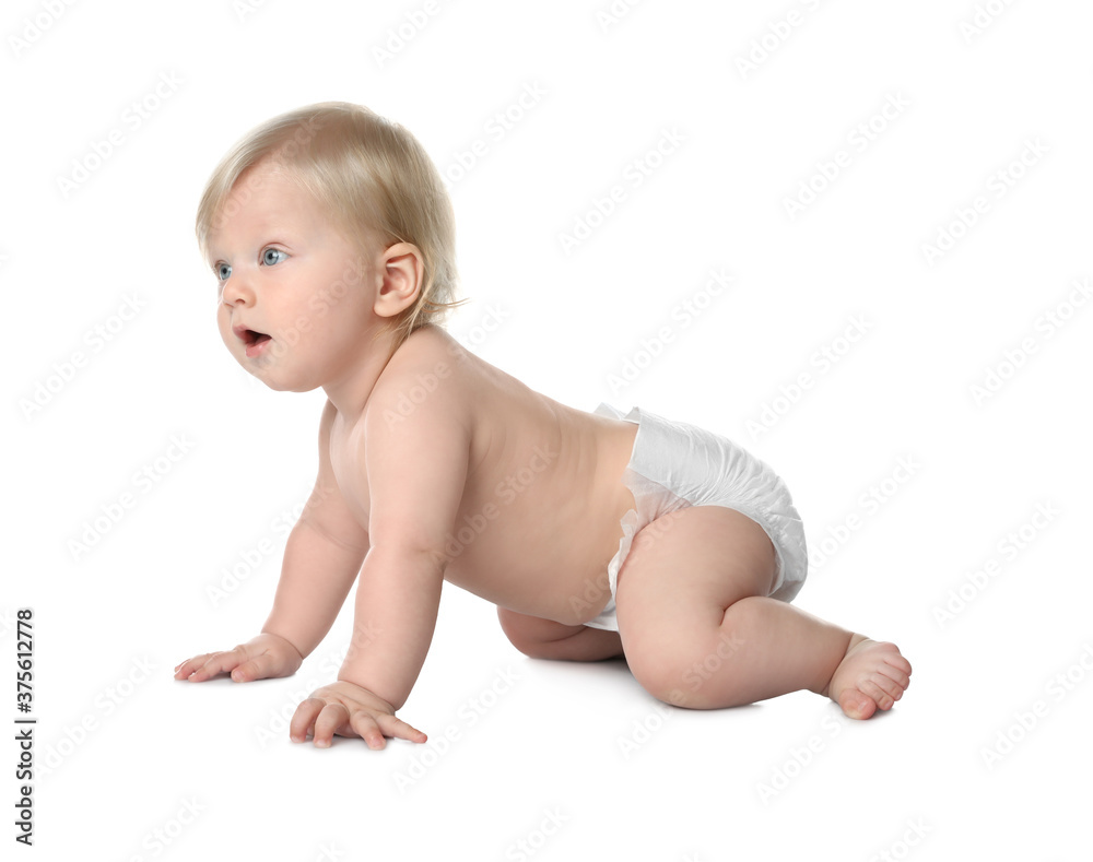 Cute little baby in diaper on white background Cute little baby in diaper on white background