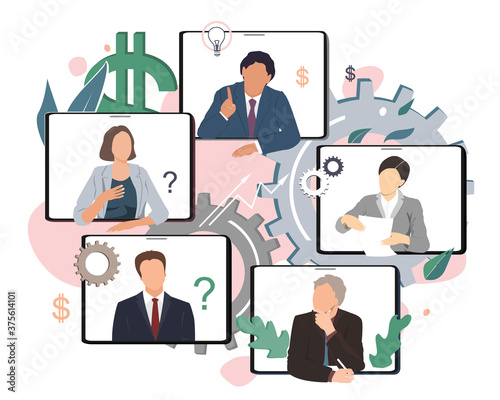 Business conference video call, remote project management, quarantine working concept, working from home. Flat vector illustration.
