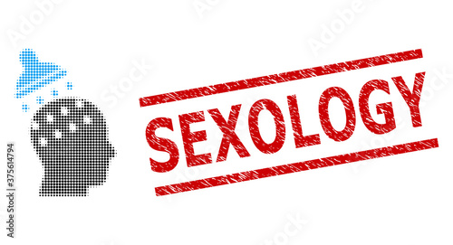 Brain washing halftone dotted vector and Sexology grunge stamp seal. Seal includes Sexology caption between parallel lines.