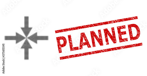 Compress arrows halftone dotted pictogram and Planned corroded stamp seal. Seal includes Planned title between parallel lines.