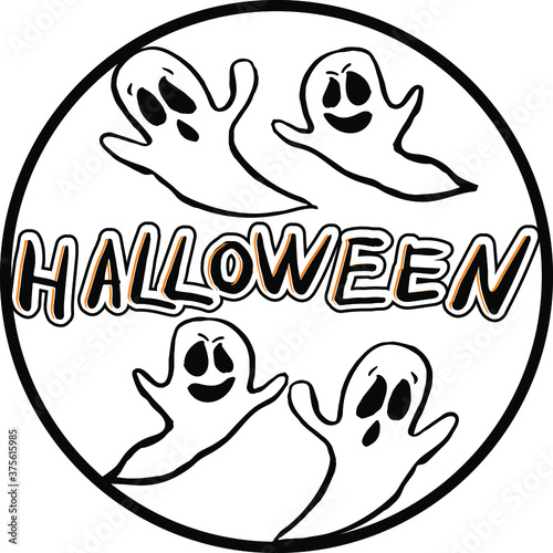 Four ghosts with the word halloween.