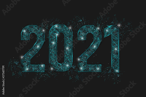 Abstract isolated blue image of new year number 2021. Polygonal low poly wireframe illustration looks like stars in the blask night sky in spase or flying glass shards. Digital web, internet design.