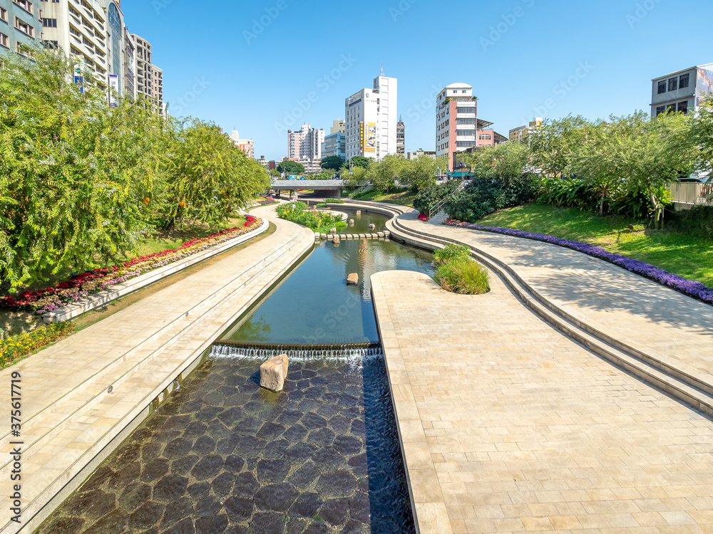 Taichung, Taiwan - Nov 14, 2018: Shin Sei Green Waterway is located in front of the Taichung Railway Station.