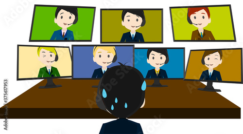 大勢の人とテレワークをしてオーバーワークのビジネスマンのイラスト